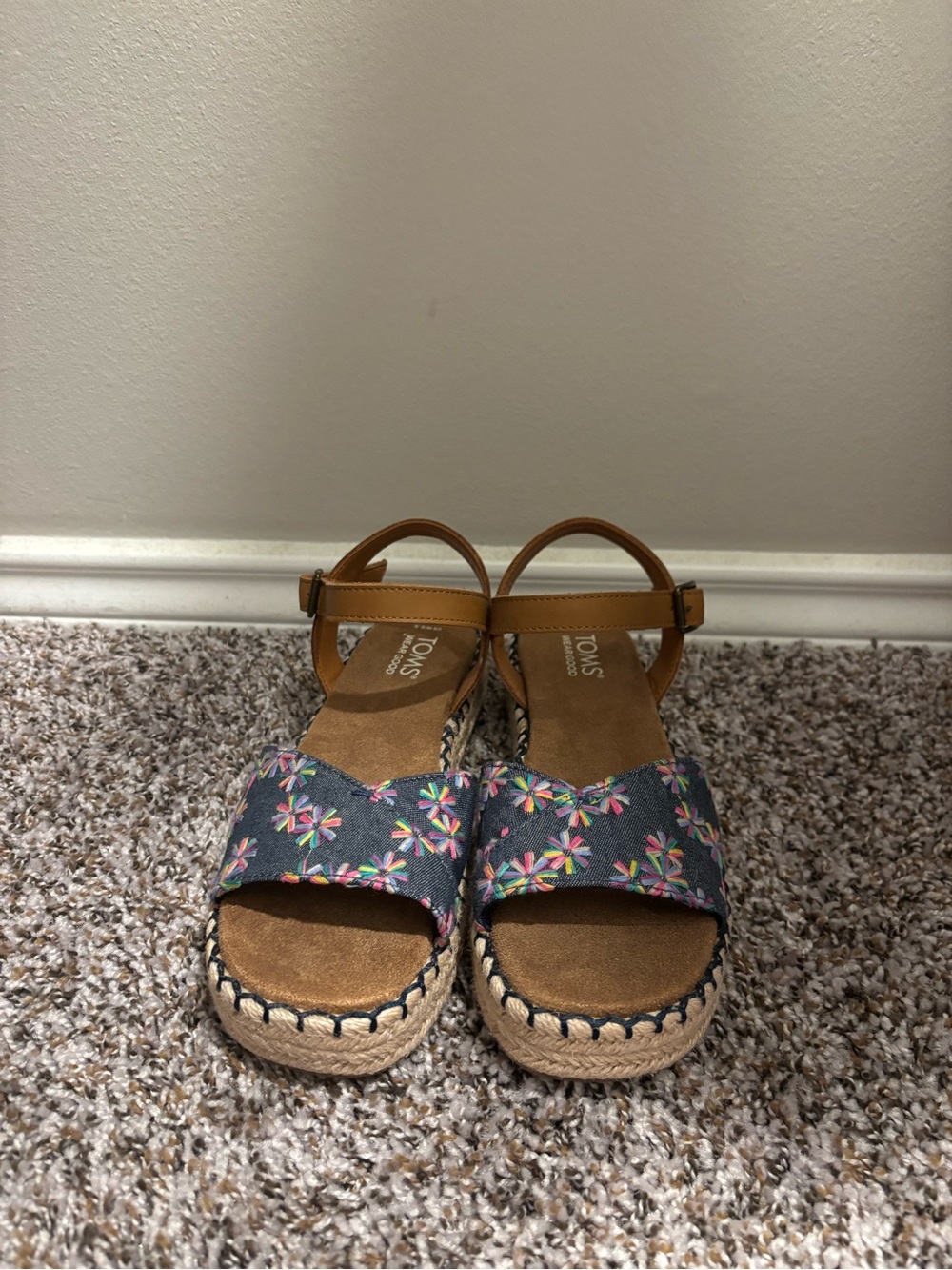 TOMS Denim Embroidered Platform Sandals - Blue with Brown Straps
